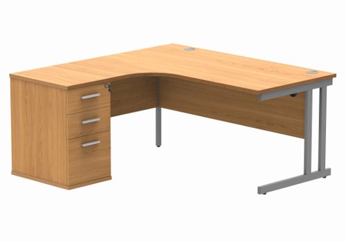 Double Upright Left Hand Radial Desk + Desk High Pedestal 600mm Deep Pedestal 1600X1200 Norwegian Beech/Silver
