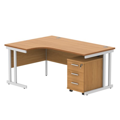 Double Upright Left Hand Radial Desk + 3 Drawer Mobile Under Desk Pedestal 1600X1200 Norwegian Beech/White