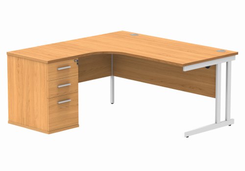 Double Upright Left Hand Radial Desk + Desk High Pedestal 600mm Deep Pedestal 1600X1200 Norwegian Beech/White