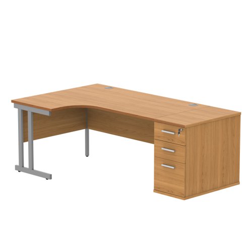 Double Upright Left Hand Radial Desk + Desk High Pedestal 800mm Deep Pedestal 1600X1200 Norwegian Beech/Silver
