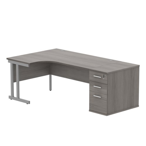 Double Upright Left Hand Radial Desk + Desk High Pedestal 800mm Deep Pedestal 1600X1200 Alaskan Grey Oak/Silver