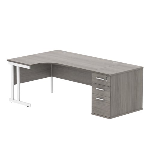 Double Upright Left Hand Radial Desk + Desk High Pedestal 800mm Deep Pedestal 1600X1200 Alaskan Grey Oak/White