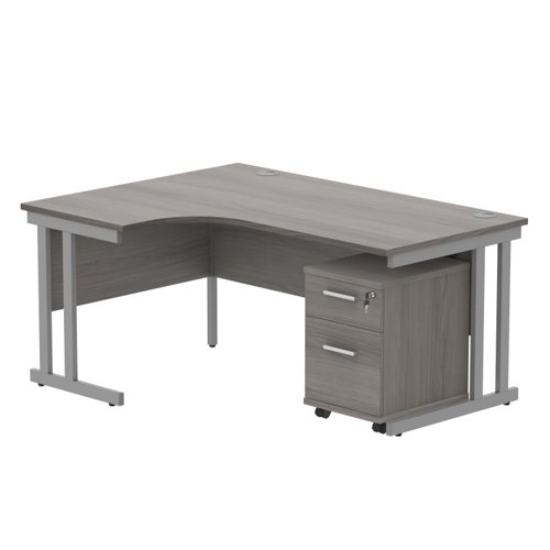 Double Upright Left Hand Radial Desk + 2 Drawer Mobile Under Desk Pedestal 1600X1200 Alaskan Grey Oak/Silver