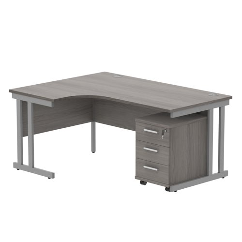 Double Upright Left Hand Radial Desk + 3 Drawer Mobile Under Desk Pedestal 1600X1200 Alaskan Grey Oak/Silver