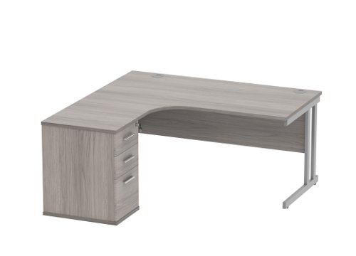 Double Upright Left Hand Radial Desk + Desk High Pedestal 600mm Deep Pedestal 1600X1200 Alaskan Grey Oak/Silver