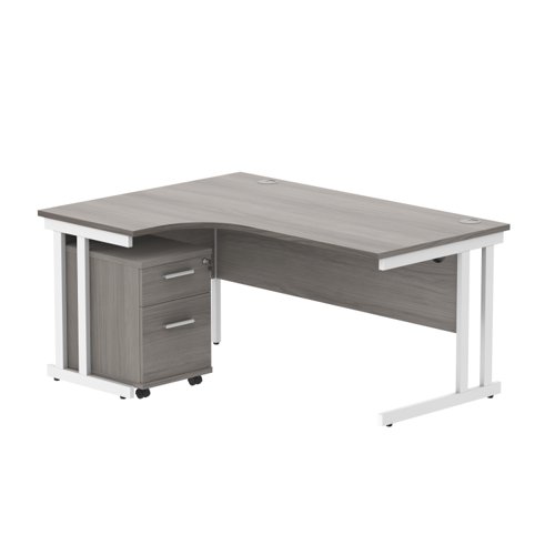 Double Upright Left Hand Radial Desk + 2 Drawer Mobile Under Desk Pedestal 1600X1200 Alaskan Grey Oak/White