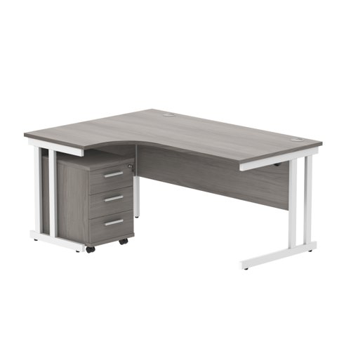 Double Upright Left Hand Radial Desk + 3 Drawer Mobile Under Desk Pedestal 1600X1200 Alaskan Grey Oak/White
