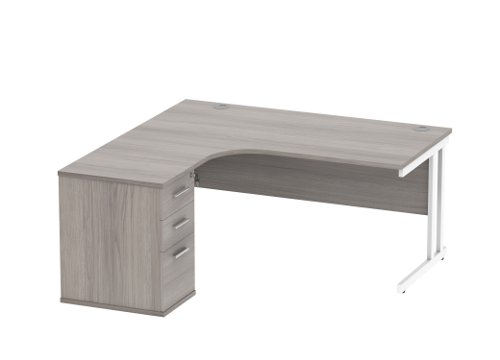 Double Upright Left Hand Radial Desk + Desk High Pedestal 600mm Deep Pedestal 1600X1200 Alaskan Grey Oak/White