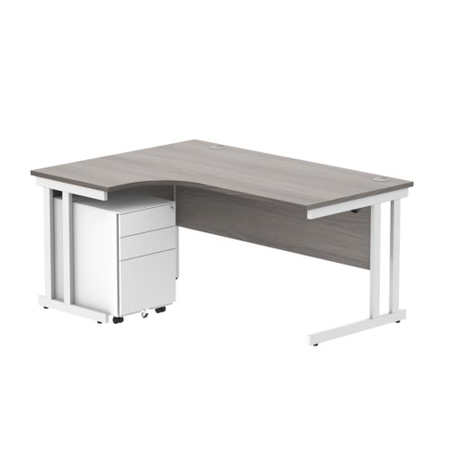 Double Upright Left Hand Radial Desk + Under Desk Steel Pedestal 3 Drawers 1600X1200 Alaskan Grey Oak/White