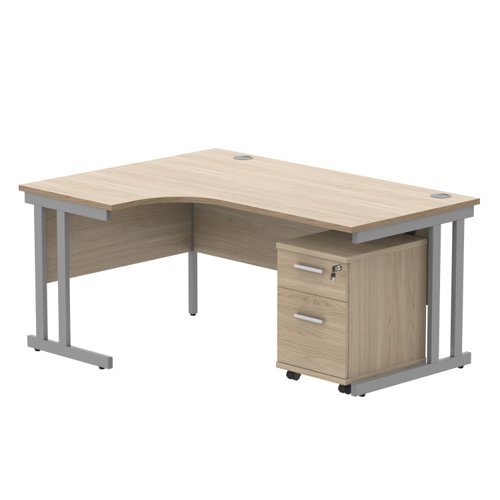 Double Upright Left Hand Radial Desk + 2 Drawer Mobile Under Desk Pedestal 1600X1200 Canadian Oak/Silver