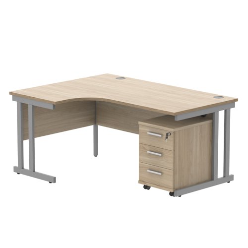 Double Upright Left Hand Radial Desk + 3 Drawer Mobile Under Desk Pedestal 1600X1200 Canadian Oak/Silver
