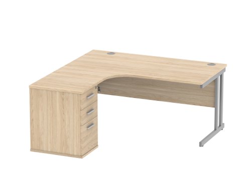Double Upright Left Hand Radial Desk + Desk High Pedestal 600mm Deep Pedestal 1600X1200 Canadian Oak/Silver