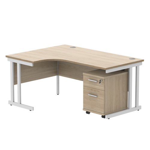 Double Upright Left Hand Radial Desk + 2 Drawer Mobile Under Desk Pedestal 1600X1200 Canadian Oak/White