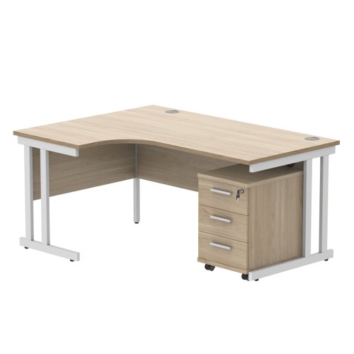 Double Upright Left Hand Radial Desk + 3 Drawer Mobile Under Desk Pedestal 1600X1200 Canadian Oak/White