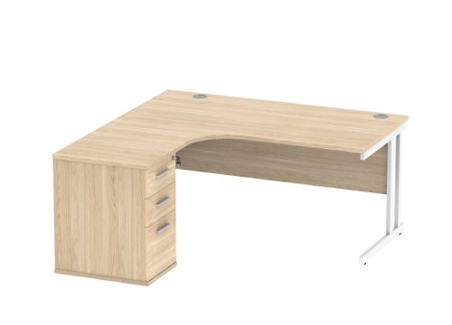 Double Upright Left Hand Radial Desk + Desk High Pedestal 600mm Deep Pedestal 1600X1200 Canadian Oak/White