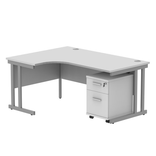 Double Upright Left Hand Radial Desk + 2 Drawer Mobile Under Desk Pedestal 1600X1200 Arctic White/Silver