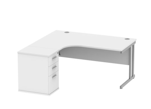 Double Upright Left Hand Radial Desk + Desk High Pedestal 600mm Deep Pedestal 1600X1200 Arctic White/Silver