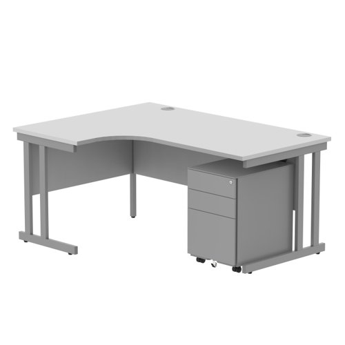 Double Upright Left Hand Radial Desk + Under Desk Steel Pedestal 3 Drawers 1600X1200 Arctic White/Silver