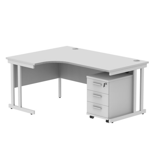 Double Upright Left Hand Radial Desk + 3 Drawer Mobile Under Desk Pedestal 1600X1200 Arctic White/White
