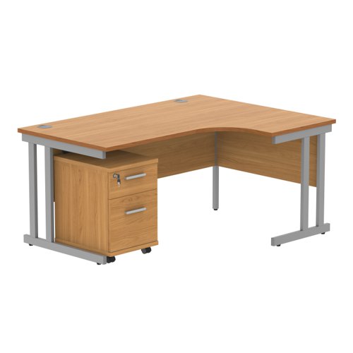 Double Upright Right Hand Radial Desk + 2 Drawer Mobile Under Desk Pedestal 1600X1200 Norwegian Beech/Silver