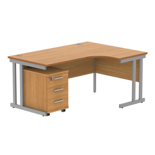 Double Upright Right Hand Radial Desk + 3 Drawer Mobile Under Desk Pedestal 1600X1200 Norwegian Beech/Silver