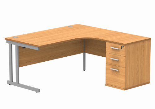 Double Upright Right Hand Radial Desk + Desk High Pedestal 600mm Deep Pedestal 1600X1200 Norwegian Beech/Silver