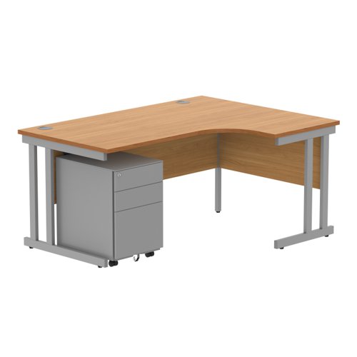 Double Upright Right Hand Radial Desk + Under Desk Steel Pedestal 3 Drawers 1600X1200 Norwegian Beech/Silver
