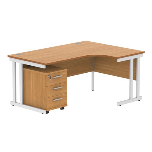 Double Upright Right Hand Radial Desk + 3 Drawer Mobile Under Desk Pedestal 1600X1200 Norwegian Beech/White