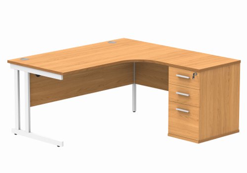 Double Upright Right Hand Radial Desk + Desk High Pedestal 600mm Deep Pedestal 1600X1200 Norwegian Beech/White