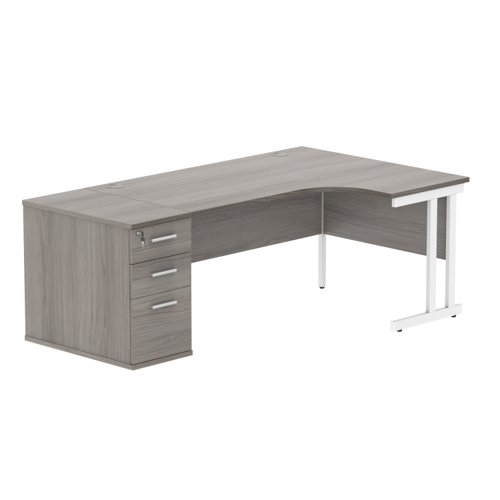 Double Upright Right Hand Radial Desk + Desk High Pedestal 800mm Deep Pedestal 1600X1200 Alaskan Grey Oak/White