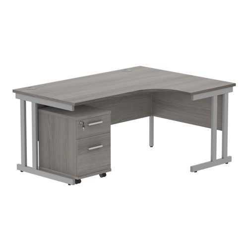 Double Upright Right Hand Radial Desk + 2 Drawer Mobile Under Desk Pedestal 1600X1200 Alaskan Grey Oak/Silver