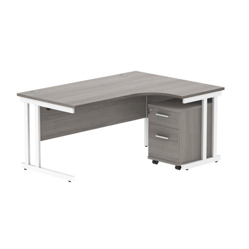 Double Upright Right Hand Radial Desk + 2 Drawer Mobile Under Desk Pedestal 1600X1200 Alaskan Grey Oak/White