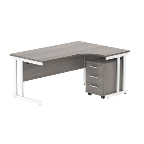 Double Upright Right Hand Radial Desk + 3 Drawer Mobile Under Desk Pedestal 1600X1200 Alaskan Grey Oak/White