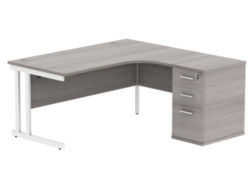 Double Upright Right Hand Radial Desk + Desk High Pedestal 600mm Deep Pedestal 1600X1200 Alaskan Grey Oak/White