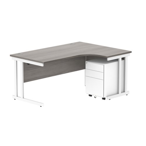 Double Upright Right Hand Radial Desk + Under Desk Steel Pedestal 3 Drawers 1600X1200 Alaskan Grey Oak/White