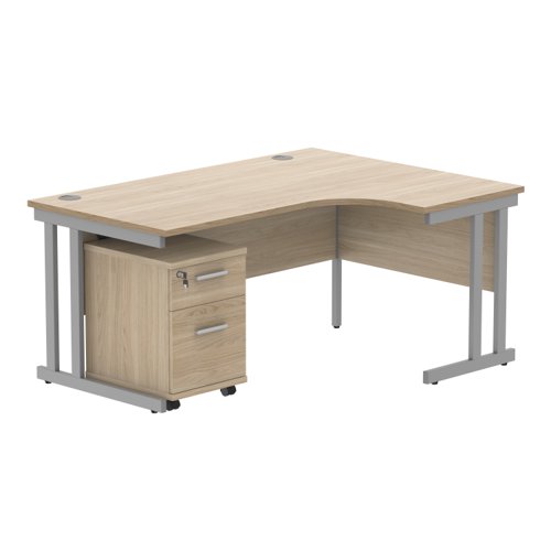 Double Upright Right Hand Radial Desk + 2 Drawer Mobile Under Desk Pedestal 1600X1200 Canadian Oak/Silver
