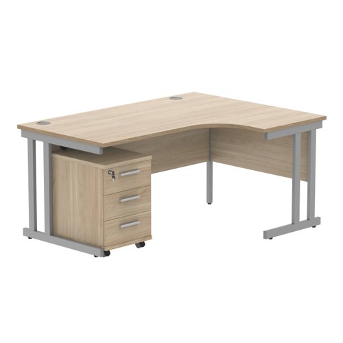 Double Upright Right Hand Radial Desk + 3 Drawer Mobile Under Desk Pedestal 1600X1200 Canadian Oak/Silver