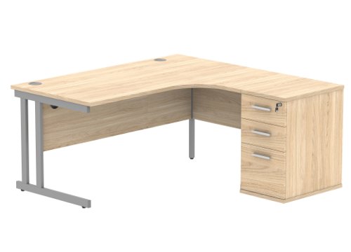 Double Upright Right Hand Radial Desk + Desk High Pedestal 600mm Deep Pedestal 1600X1200 Canadian Oak/Silver
