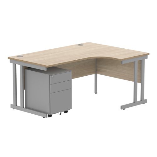 Double Upright Right Hand Radial Desk + Under Desk Steel Pedestal 3 Drawers 1600X1200 Canadian Oak/Silver