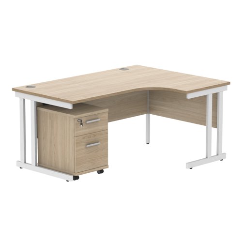 Double Upright Right Hand Radial Desk + 2 Drawer Mobile Under Desk Pedestal 1600X1200 Canadian Oak/White