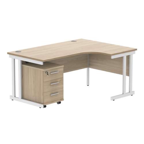 Double Upright Right Hand Radial Desk + 3 Drawer Mobile Under Desk Pedestal 1600X1200 Canadian Oak/White