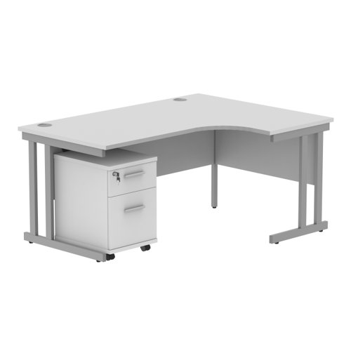 Double Upright Right Hand Radial Desk + 2 Drawer Mobile Under Desk Pedestal 1600X1200 Arctic White/Silver