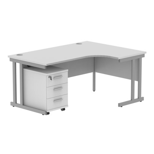 Double Upright Right Hand Radial Desk + 3 Drawer Mobile Under Desk Pedestal 1600X1200 Arctic White/Silver