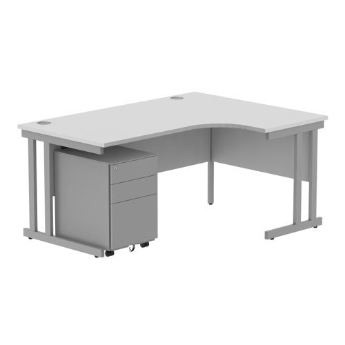 Double Upright Right Hand Radial Desk + Under Desk Steel Pedestal 3 Drawers 1600X1200 Arctic White/Silver