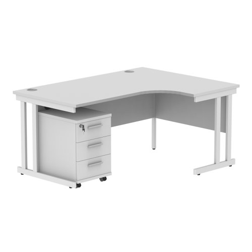 Double Upright Right Hand Radial Desk + 3 Drawer Mobile Under Desk Pedestal 1600X1200 Arctic White/White