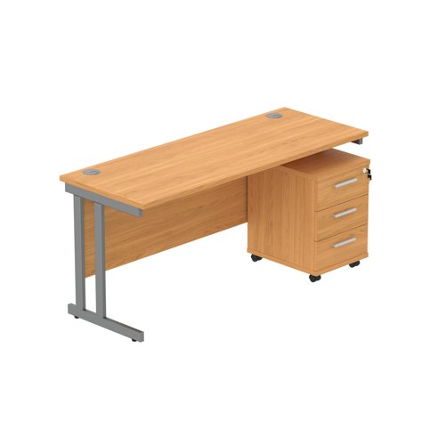 Double Upright Rectangular Desk + 3 Drawer Mobile Under Desk Pedestal (FSC) 1600X600 Norwegian Beech/Graphite