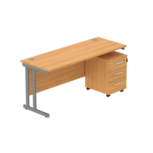 Double Upright Rectangular Desk + 3 Drawer Mobile Under Desk Pedestal  1600X600 Norwegian Beech/Graphite