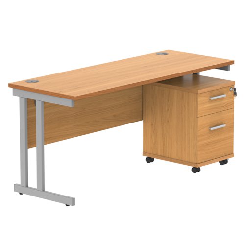 Double Upright Rectangular Desk + 2 Drawer Mobile Under Desk Pedestal 1600X600 Norwegian Beech/Silver