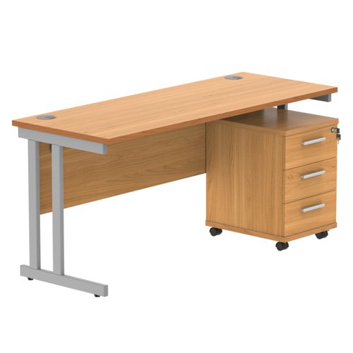 Double Upright Rectangular Desk + 3 Drawer Mobile Under Desk Pedestal 1600X600 Norwegian Beech/Silver