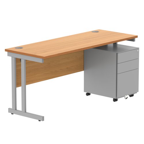 Double Upright Rectangular Desk + Under Desk Steel Pedestal 3 Drawers 1600X600 Norwegian Beech/Silver